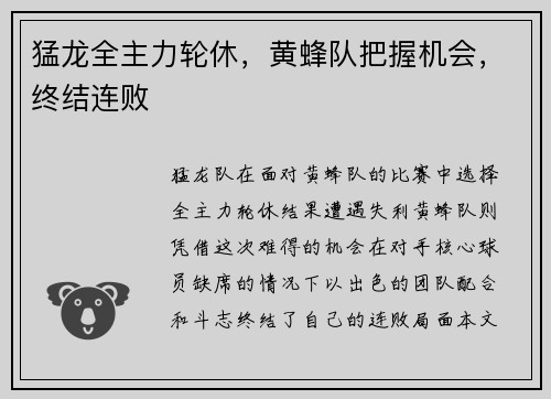 猛龙全主力轮休，黄蜂队把握机会，终结连败
